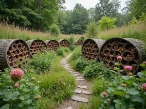 Naturalistic Insect Haven - Wide-angle view of a tiered garden focused on multiple natural insect hotels integrated into log walls, surrounded by native woodland flowers and grasses creating a biodiversity hotspot