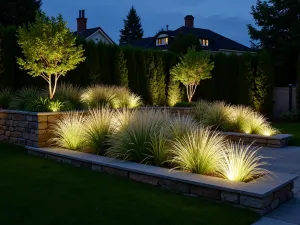 Nighttime Tier Garden - Close-up evening shot of illuminated garden tiers with built-in LED strips highlighting the architectural plants. Features white muhly grass backlit for dramatic effect.