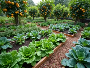 Productive Garden Overview - Wide-angle view of a three-tiered edible garden with citrus trees on top, rainbow chard and kale in the middle, and strawberry patches below, showing clear organization and structure