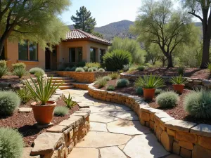 Rustic Stone Planters - Wide-angle view of built-in stone planters filled with drought-resistant plants, showing multiple terrace levels, rough-hewn stone texture, terracotta pots with specimen plants