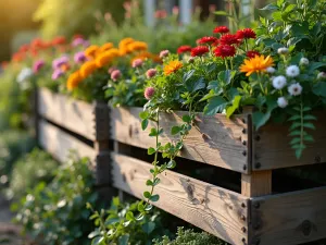 Rustic Wooden Crate Display - Close-up view of vintage wooden crates stacked in ascending tiers, filled with colorful annuals and trailing vines, weathered wood texture visible, warm evening light