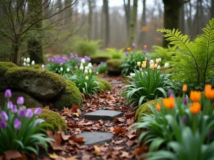 Seasonal Woodland Transition - Wide shot capturing the transition of seasons in a tiered woodland garden, showing early spring bulbs emerging among fallen leaves with mature ferns beginning to unfurl