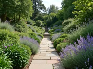 Sensory Herb Garden Path - Wide-angle view of a tiered herb garden pathway with aromatic plants at different heights, featuring lavender, rosemary, and lemon thyme near seating areas