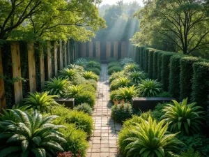 Shade Garden Levels - Aerial perspective of a shade-loving tiered garden with vertical panels of hostas and ferns, showing dappled light effects and copper mist systems