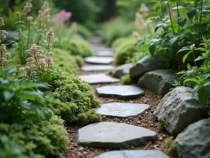 Shade Garden Path Detail - Close-up of a stepping stone path through tiered woodland garden beds, showing the intricate placement of stones among creeping ground cover and delicate shade-loving plants