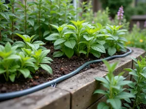 Smart Irrigation Herb Levels - Close-up technical view of a modern tiered herb garden with visible drip irrigation system, clear tubing aesthetically integrated among lemon balm and sage plantings