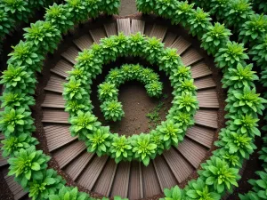 Spiral Herb Garden Steps - Aerial view of a spiral-shaped tiered herb garden with wooden steps, featuring mint, chives, and parsley in concentric circles, organic garden design