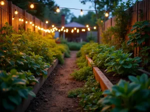 Sunset Terrace Garden - Atmospheric evening shot of a tiered vegetable garden with string lights, showing different levels of edible plants glowing in the warm light