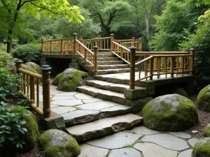 Maintenance Access Design - Natural stone steps and walking paths integrated into a Japanese-inspired tiered garden, showing practical access routes between levels with bamboo railings and moss-covered stones