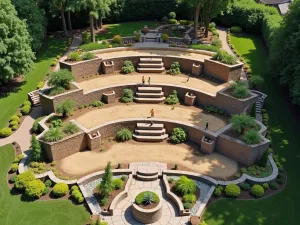 Aerial Progress View - Drone shot of a tiered garden during construction, showing multiple levels in various stages of completion, from raw earth to finished plantings, with workers providing scale