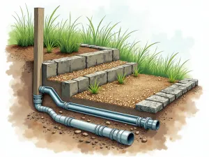 Drainage System Detail - Close-up cross-section view of a tiered garden's drainage system, showing gravel layers, perforated pipes, and proper slope angles, illustrated in a technical yet artistic style