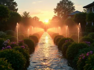 Multi-Level Irrigation - Wide angle view of a sophisticated irrigation system in action across multiple garden tiers at dusk, with water droplets catching the golden light and creating a magical atmosphere