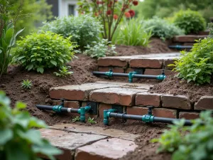 Irrigation System Installation - Detailed view of a modern drip irrigation system being installed in a tiered garden, with exposed pipes, smart controllers, and water-efficient emitters across multiple levels