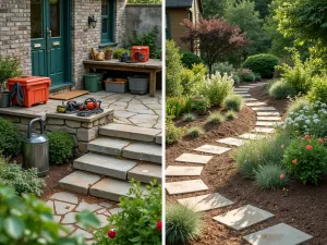 Maintenance Planning - Split-view image showing maintenance pathways and work zones in a cottage-style tiered garden, with tools and equipment properly stored in dedicated areas, surrounded by flowering perennials