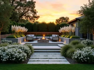 Gathering Space Integration - Sunset view of a modern tiered garden featuring a built-in seating area with contemporary furniture, surrounded by ornamental grasses and white flowering perennials