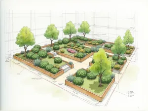 Site Analysis Planning - Professional architectural drawing of a tiered garden layout on graph paper, showing elevation lines, drainage patterns, and proposed planting zones, rendered in soft watercolor style with detailed measurements and annotations