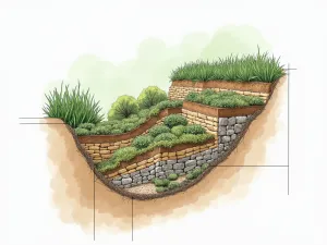 Soil Retention Systems - Close-up technical illustration of various soil retention methods for tiered gardens, including gabion walls, timber construction, and engineered block systems, shown in cutaway view