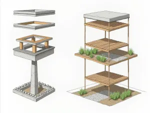 Structural Support Elements - Architectural rendering of various structural support options for tiered gardens, including concrete reinforcement, steel supports, and wooden beam systems, shown in exploded view