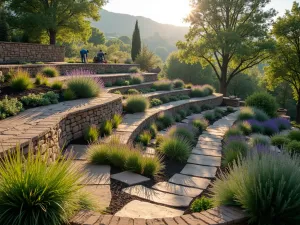 Top Tier Planting - Wide-angle shot of gardeners planting lavender and ornamental grasses in the top tier of a Mediterranean-style terraced garden, with lower empty tiers visible below, bathed in morning light