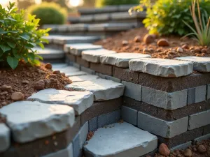 Retaining Wall Construction - Close-up view of a natural stone retaining wall under construction for a tiered garden, showing layers of drainage material, geotextile fabric, and precise stone placement, with warm evening lighting