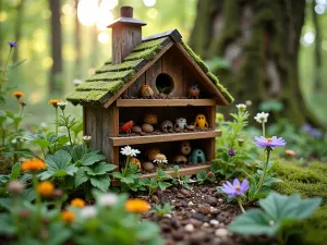 Tiered Wildlife Haven Close-up - Close-up view of a beautifully crafted insect hotel nestled among tiered garden beds, surrounded by native woodland flowers and delicate wood ferns, with soft natural lighting filtering through tree canopy