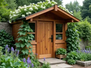 Tool Storage Solution - Detailed view of a beautiful wooden tool shed integrated into a tiered garden wall, with climbing vegetables and flowering vines decorating the structure