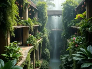 Tropical Paradise Tiers - Aerial view of lush tropical tiered garden with hanging orchid walls, bromelia collections, and mist system creating a jungle atmosphere between stone levels