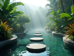 Tropical Pool Paradise - Wide shot of tropical tiered infinity pools with floating stepping stones, lush tropical plants including bird of paradise and canna lilies, atmospheric mist rising from water