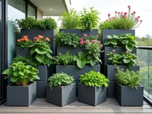 Urban Balcony Tier System - Straight-on view of a space-saving tiered container system on a modern balcony, featuring vertical storage and mixed edible plants in geometric planters