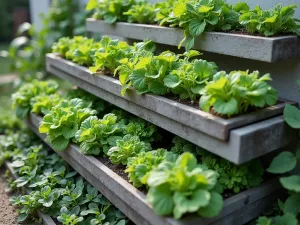 Urban Edible Wall System - Close-up detail of a modern vertical vegetable garden integrated into concrete tiers, showing hydroponic systems and easy-access harvesting platforms