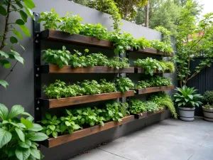 Urban Vertical Herb Wall - Wide-angle shot of a contemporary vertical tiered herb garden with integrated irrigation system, metal and wood construction, arranged on a modern patio wall, urban garden setting