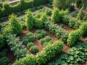 Vertical Integration - Aerial view showing how vertical growing systems are integrated into a tiered garden, with pole beans and peas climbing up trellises between levels