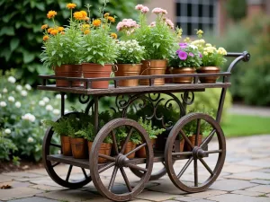 Victorian Garden Cart - Detailed view of an ornate Victorian-style wheeled cart with multiple tiers, featuring classic English garden plants in brass and copper containers