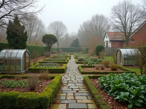 Winter Productive Tiers - Wide shot of a tiered garden in winter, showing evergreen herbs, winter vegetables, and bare fruit trees, with protection structures and cold frames integrated into the design