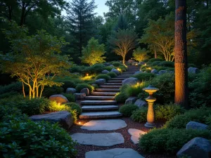 Woodland Garden at Twilight - Evening scene of a tiered woodland garden with subtle landscape lighting highlighting the layers of plants, stone steps, and a glowing bird bath creating a magical atmosphere