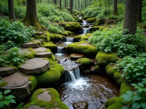 Woodland Stream Integration - Aerial view of a tiered woodland garden incorporating a small natural stream cascade between levels, with moisture-loving plants and moss-covered stones creating a lush atmosphere