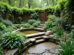 Woodland Tier Transition - Close-up view of native woodland plants transitioning from vertical wall to horizontal tiers, showing integrated biotope pools and natural stone steps