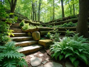 Woodland Tiered Garden with Natural Stone Steps - A serene woodland tiered garden with natural stone steps, featuring lush ferns and hostas in dappled sunlight. Moss-covered logs create natural retaining walls, with a rustic stone path winding through multiple levels