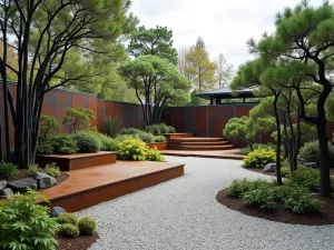 Zen Modern Tiers - Wide-angle view of Japanese-inspired modern garden tiers combining cor-ten steel with raked gravel. Cloud-pruned pine trees and black bamboo create strong vertical elements.