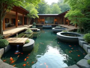 Zen Pool Platforms - Wide-angle view of multiple connected koi pools at different heights, connected by small waterfalls, wooden viewing deck extends over the highest pool, bamboo and water iris line the edges, minimalist Japanese design