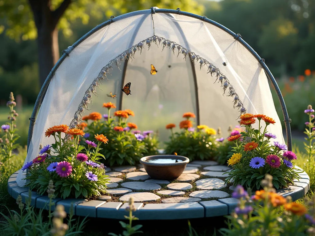 Enchanted Butterfly Sanctuary from Upcycled Trampoline - A magical circular butterfly garden created from a repurposed trampoline frame, photographed in soft afternoon light. The dome-like structure is elegantly wrapped in translucent white mesh netting, creating a dreamy, ethereal enclosure. Inside, colorful butterfly bushes, purple coneflowers, and bright lantana bloom in abundance. Butterflies flutter among the flowers, while decorative flat stones are artfully arranged around a shallow ceramic bird bath. Natural light filters through the mesh, creating gentle shadows on the lush garden below. The outside base is surrounded by tall salvias and native wildflowers, with monarchs and swallowtail butterflies visiting the blooms. The scene is captured with a slight bokeh effect, emphasizing the whimsical and peaceful atmosphere.