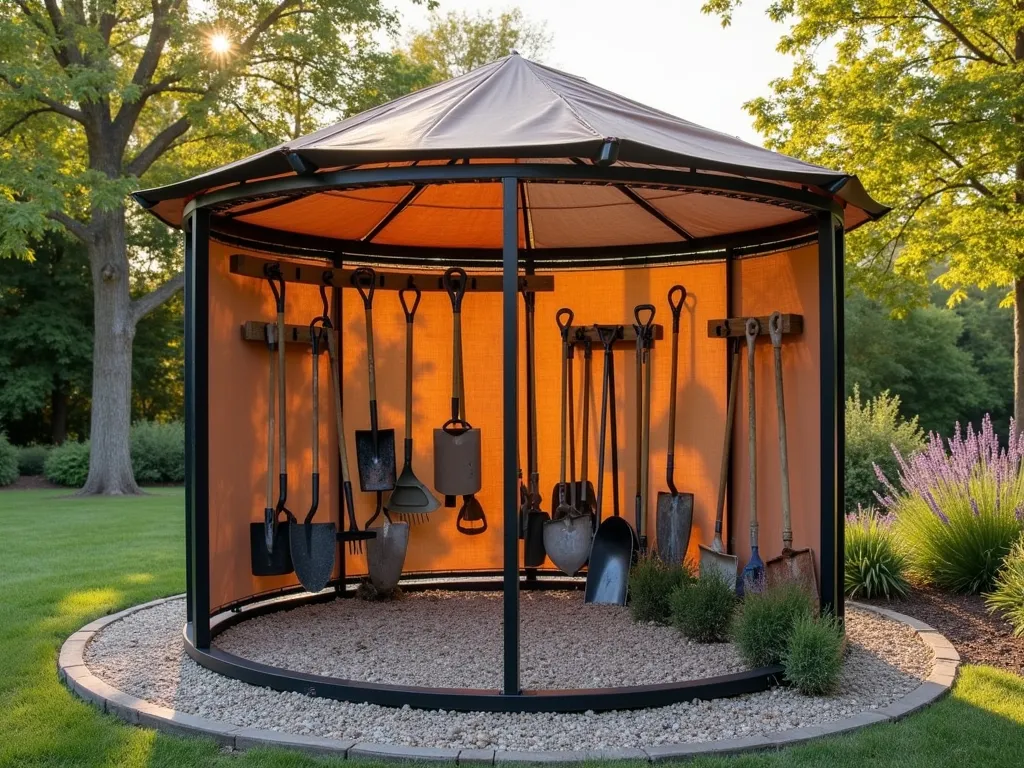 Rustic Circular Garden Tool Storage Station - A repurposed black metal trampoline frame transformed into an elegant garden tool storage station, photographed during golden hour. The circular frame is covered with a weathered copper-toned canvas awning, creating a protected pavilion effect. Multiple wooden and metal hooks are artfully arranged around the frame, displaying well-organized garden tools including spades, rakes, pruning shears, and watering cans. The structure sits on a circular gravel pad, surrounded by ornamental grasses and lavender bushes. Natural sunlight filters through the canvas, creating warm, dappled shadows. The overall aesthetic combines industrial and rustic elements, with vintage-style garden tools adding character to the practical storage solution.