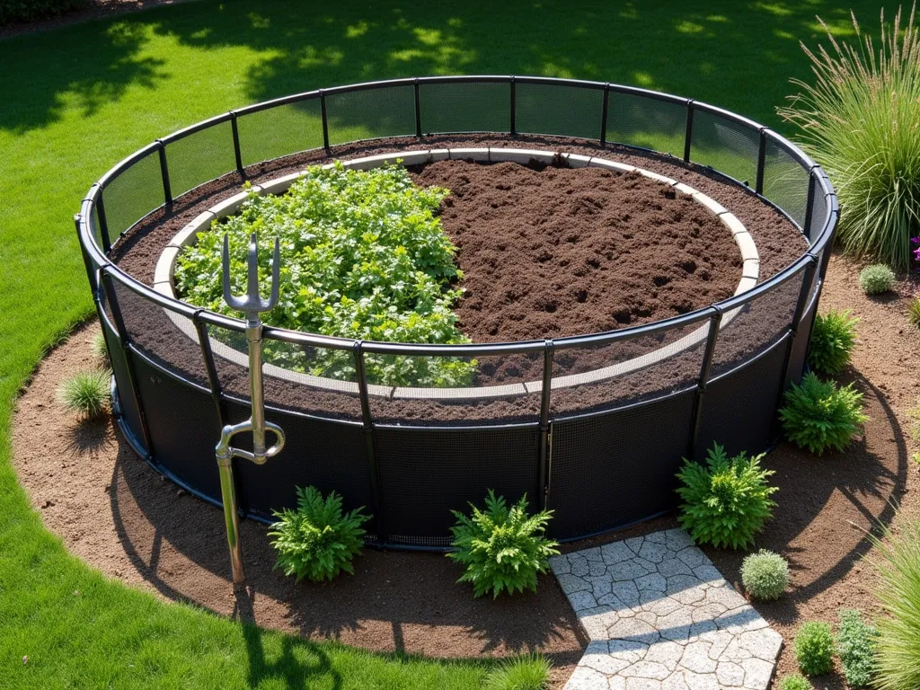 Three-Bay Circular Trampoline Composter - A repurposed circular trampoline frame transformed into an elegant three-section composting system in a garden setting, photographed from a 45-degree angle. The frame is divided into three equal sections using black powder-coated chicken wire mesh, creating a visually appealing spiral pattern. Each section contains compost at different stages: fresh green materials, decomposing browns, and rich dark finished compost. Natural afternoon sunlight casts geometric shadows through the wire mesh. The composter is surrounded by lush green grass and decorative border plants, including ornamental grasses and flowering perennials. A neat gravel path leads to the structure, with a vintage metal garden fork leaning against one section. Photorealistic, high detail, soft natural lighting.