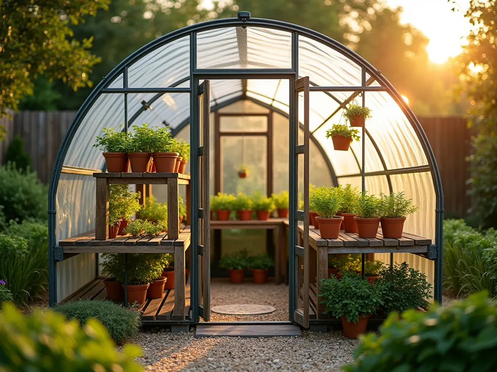 Circular Trampoline Greenhouse Paradise - A stunning circular greenhouse made from a repurposed trampoline frame, photographed during golden hour. The frame is covered in clear greenhouse plastic that gleams in the sunlight. Inside, wooden shelving runs along the curved perimeter, filled with lush seedlings in terracotta pots and vibrant green plants. Hanging baskets suspended from the top frame add vertical interest. The structure sits in a well-maintained garden setting with decorative gravel path leading to its entrance. Soft natural lighting filters through the greenhouse plastic, creating a magical atmosphere. Professional architectural photography style, high resolution, detailed textures, f/8, bokeh background.