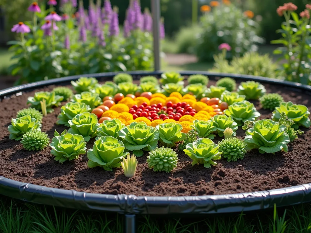 Lush Circular Raised Garden from Trampoline Frame - A beautiful garden scene featuring a black circular trampoline frame repurposed as a raised garden bed border, filled with rich dark soil and planted with concentric circles of colorful vegetables and flowers. The outer ring features tall purple cosmos and marigolds, middle ring with bush beans and compact tomatoes, and center with various lettuce varieties creating a stunning mandala pattern. Natural light casting gentle shadows, with delicate protective netting stretched above. Fine garden mulch visible between plantings, landscape fabric peeking at edges. Captured in morning light with a soft bokeh background of green garden space.