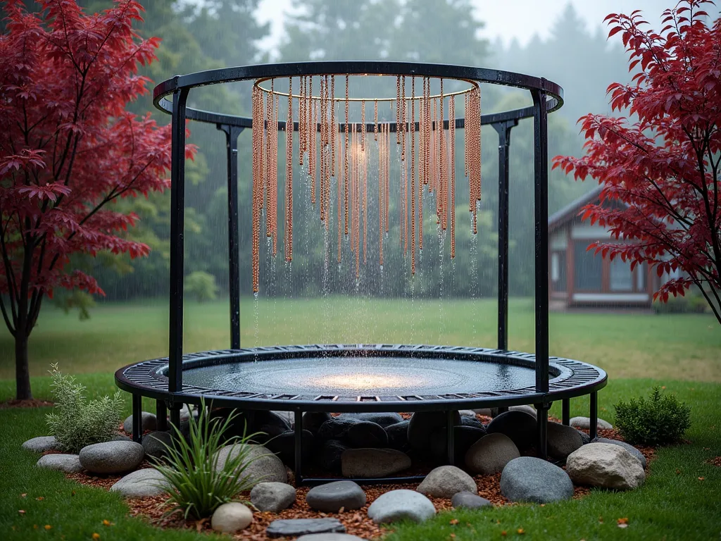 Copper Rain Chain Cascade on Upcycled Trampoline Frame - A circular trampoline frame transformed into an artistic rain chain display in a serene garden setting, photographed during light rainfall. Multiple copper and brass rain chains of varying lengths hang elegantly from the black metal frame, creating a mesmerizing cascading water effect. Below, a carefully arranged rock garden features smooth river stones and small boulders interspersed with ornamental grasses. Soft lighting highlights the metallic chains against a misty background, with water droplets catching the light as they fall. Japanese maple trees frame the scene, adding a touch of deep red foliage.