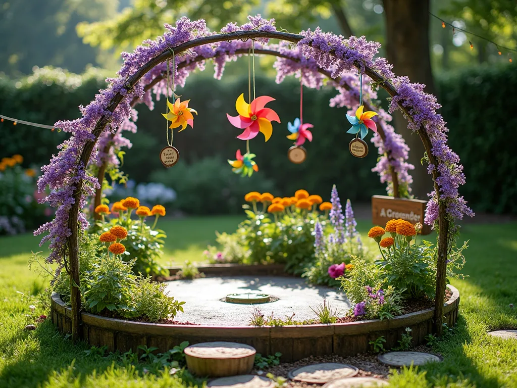 Enchanted Sensory Garden Haven - A magical circular children's sensory garden created from a repurposed trampoline frame, photographed in soft afternoon sunlight. The frame is transformed into a whimsical dome structure with colorful wind chimes hanging from purple wisteria vines. The garden features a winding pathway through different sections with lamb's ear, lavender, and mint plants at child height. Bright rainbow-colored pinwheels spin in the breeze, while wooden educational plant markers display fun facts. Small hands-on activity stations include a butterfly-shaped water feature and textured stepping stones. The scene includes scattered patches of chamomile creating a soft, walkable carpet, with cheerful marigolds adding pops of orange. String lights weave through the frame, creating a magical atmosphere. Captured in a backyard setting with a natural, cottage garden style.