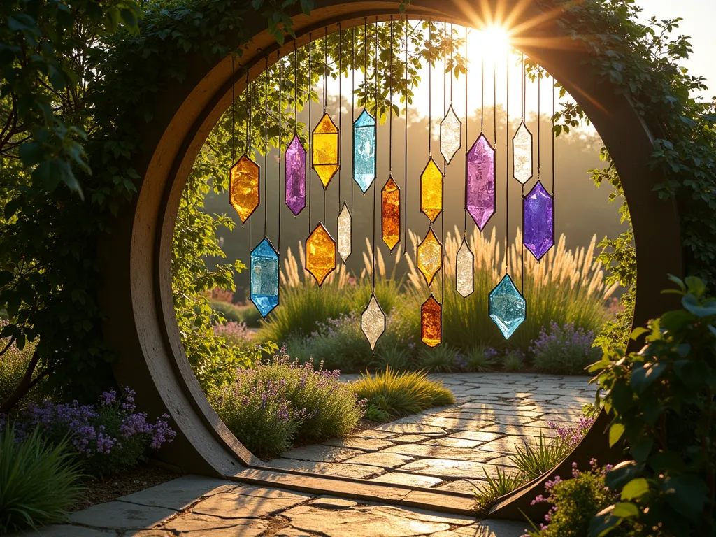 Enchanted Shadow Garden Trampoline Art - A transformed trampoline frame mounted vertically in a lush garden setting during golden hour. The circular frame is adorned with hanging stained glass elements in blues, purples, and amber, alongside crystal prisms and colorful acrylic sheets. Dappled light creates mesmerizing geometric patterns on a stone garden path below. Climbing jasmine wraps naturally around portions of the frame, while tall ornamental grasses sway in the background. The scene captures a magical moment where sunlight streams through the translucent elements, casting vibrant, overlapping shadows that create an artistic display on the ground. The overall composition suggests a bohemian garden sanctuary with a dreamy, ethereal quality.