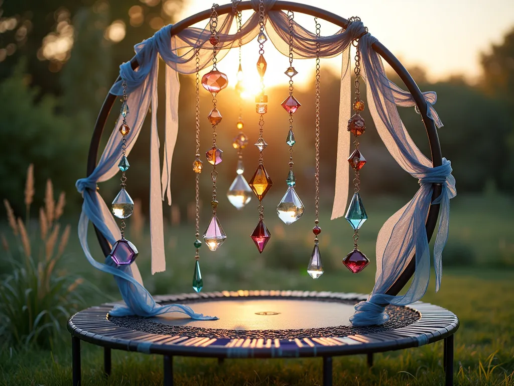 Enchanted Trampoline Frame Art Installation - A circular trampoline frame transformed into a mesmerizing garden art installation, photographed during golden hour. Delicate ribbons in shades of blue, purple, and silver are intricately woven through the frame in a mandala-like pattern. Crystal prisms and vintage-style stained glass pieces in jewel tones hang at varying heights, catching and scattering sunlight. Handcrafted copper wind chimes dangle gracefully around the perimeter. The installation is positioned in a peaceful garden corner with ornamental grasses swaying beneath it. Soft bokeh effect, artistic composition, 4K quality.