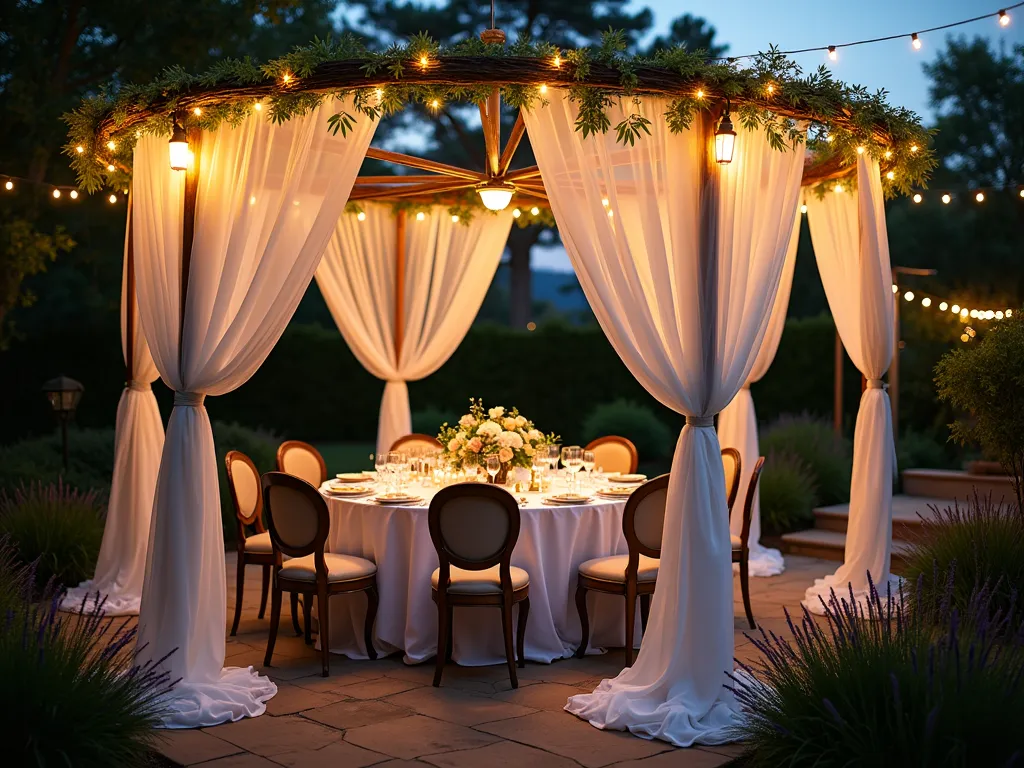 Ethereal Garden Party Pavilion - A transformed circular trampoline frame into an enchanting outdoor pavilion at dusk, draped with flowing white chiffon fabric cascading from the top. Warm white fairy lights intertwined through the frame and fabric create a magical glow. Below, an elegant rustic wooden round table with white linen tablecloth and six vintage-style chairs are perfectly centered. Crystal glasses and fine dinnerware catch the light. The surrounding garden features soft landscaping with lavender borders and climbing jasmine on the frame. The scene is captured from a 45-degree angle, showcasing both the draped ceiling and intimate table setting, with a soft bokeh effect on the background featuring string lights